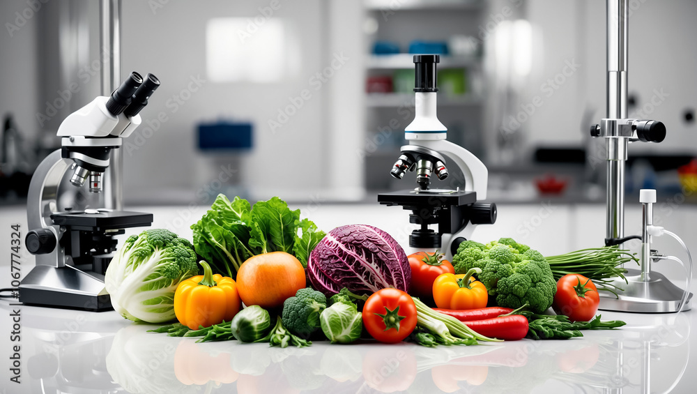Various vegetables on the table in the laboratory, product quality analysis Various vegetables on the table in the laboratory, product quality analysis