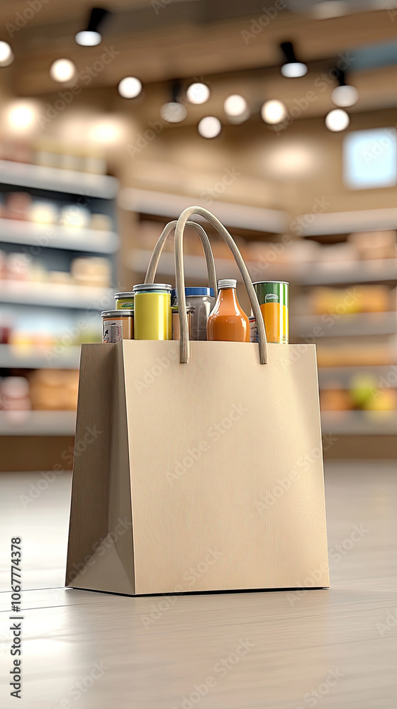 Close-up auf eine Papiertragetasche mit Lebensmitteln –Dosen, Saucen und Konserven im modernen Stil vor Einkaufsregalen im Supermarkt.