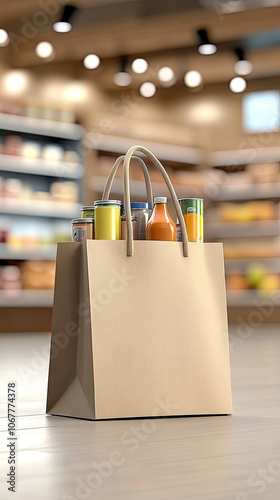 Obraz na płótnie Close-up auf eine Papiertragetasche mit Lebensmitteln –Dosen, Saucen und Konserven im modernen Stil vor Einkaufsregalen im Supermarkt. w salonie