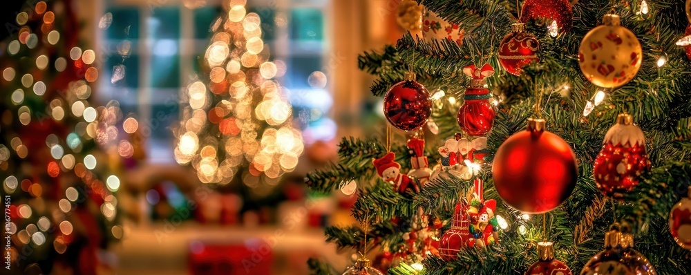 A Christmas tree adorned with baubles and toys, reflecting the festive spirit in a blurred background. A Christmas tree adorned with baubles and toys, reflecting the festive spirit in a blurred background.