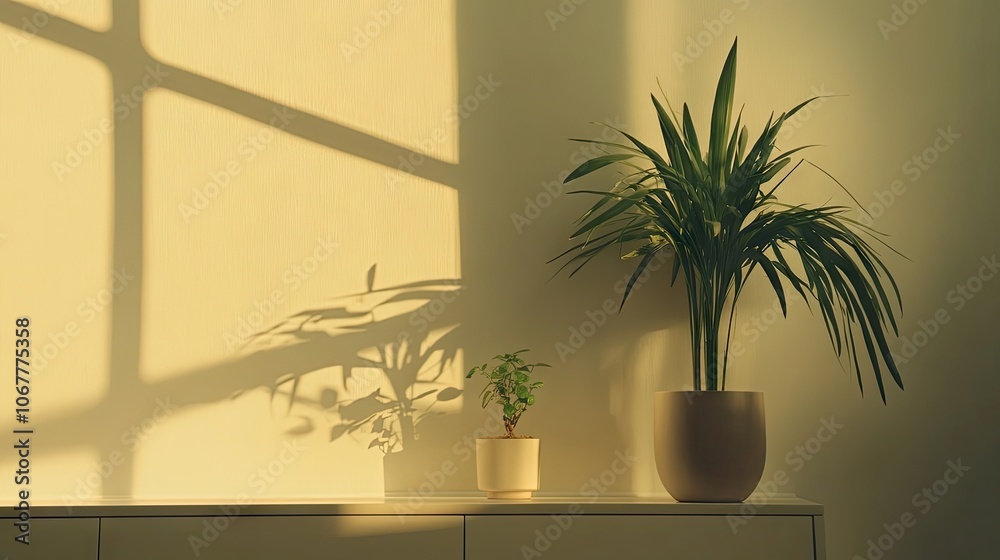 Sunlit Indoor Plants with Soft Shadows on Wall Sunlit Indoor Plants with Soft Shadows on Wall