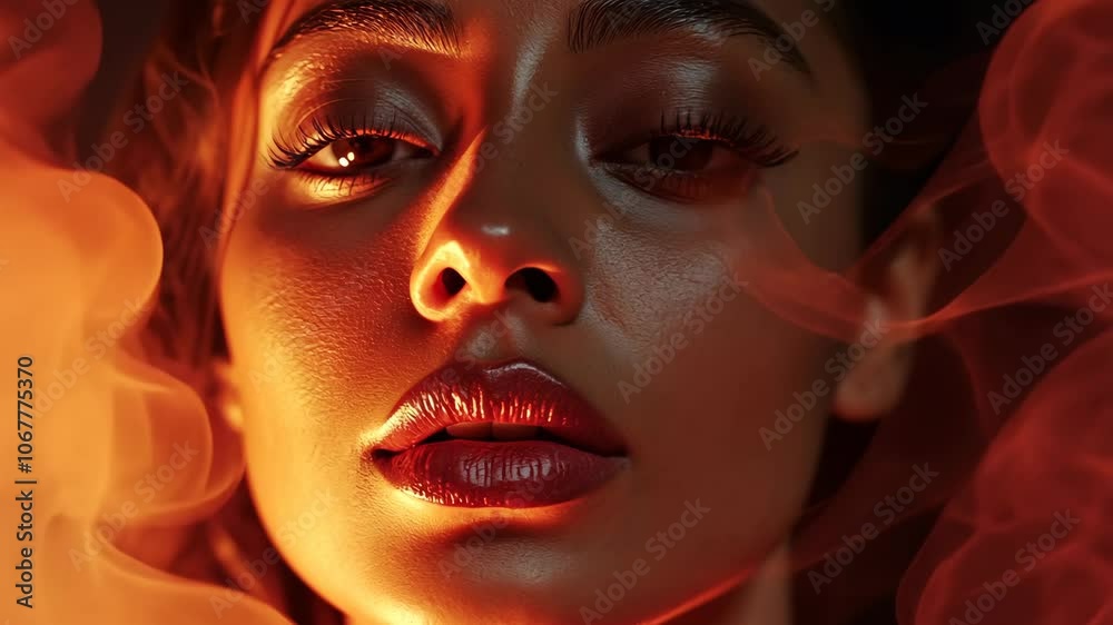 A close-up portrait of a woman with dark hair and red lips, bathed in a warm orange glow A close-up portrait of a woman with dark hair and red lips, bathed in a warm orange glow
