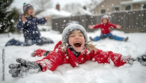 Children playing in a snowy backy