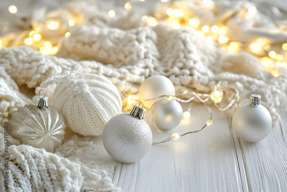 Holiday image background - A cozy holiday scene with white ornaments and soft lights on a knitted background.
