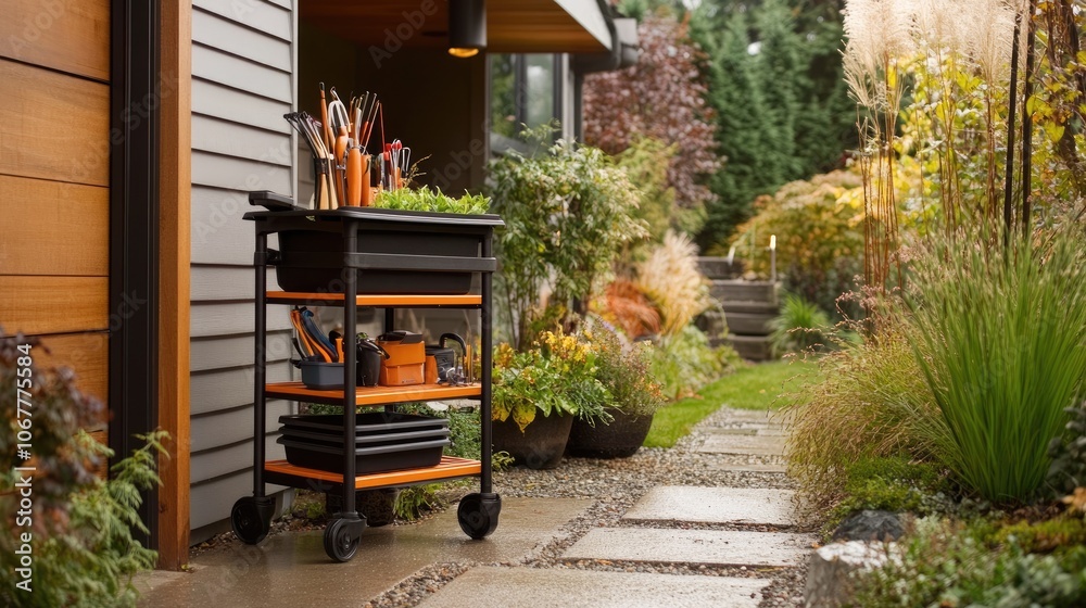 Fototapeta premium Garden Cart with Tools in a Vibrant Garden Setting