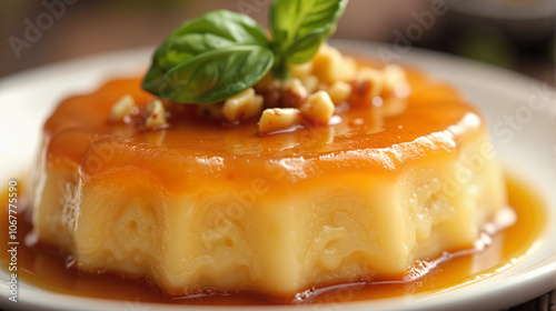 Caramel flan with basil garnish on white plate