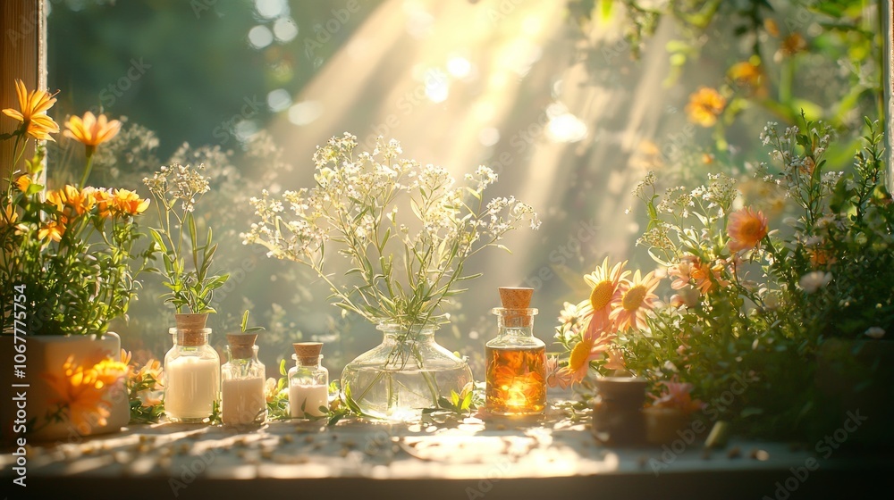 Serene Nature Scene with Herbal Bottles and Sunlight Serene Nature Scene with Herbal Bottles and Sunlight