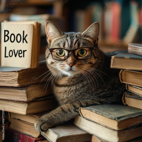 A cute cat wearing glasses sits among books, with a sign that reads "Book Lover," embodying a charming literary vibe.