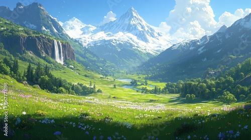 A stunning view of a snow-capped mountain peak with a cascading waterfall and a valley full of wildflowers.