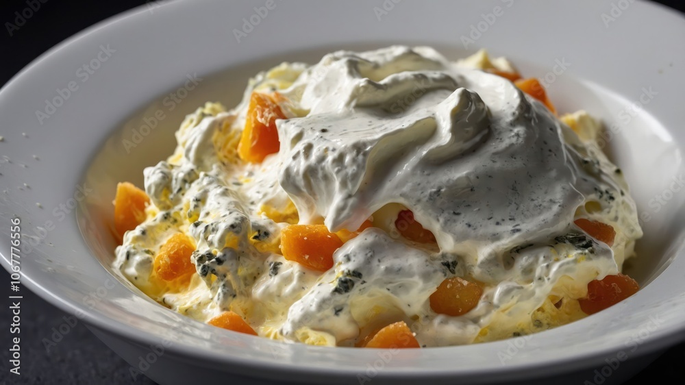 A creamy dessert topped with whipped cream and pieces of fruit in a white bowl. A creamy dessert topped with whipped cream and pieces of fruit in a white bowl.