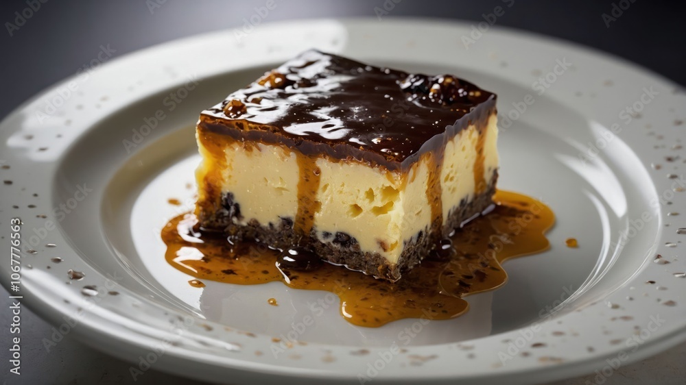 A slice of creamy dessert topped with caramel sauce on a decorative plate. A slice of creamy dessert topped with caramel sauce on a decorative plate.