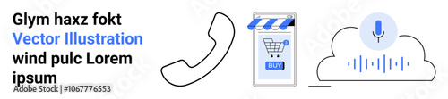 Smartphone with shopping cart, phone receiver, microphone in cloud with sound waves. Ideal for ecommerce, support systems, tech guides, online shopping, customer service, cloud services. Landing page