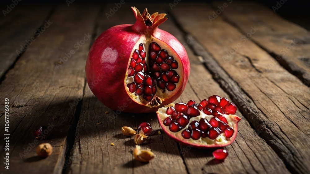 A pomegranate cut in half, showcasing its vibrant red seeds on a rustic wooden surface.