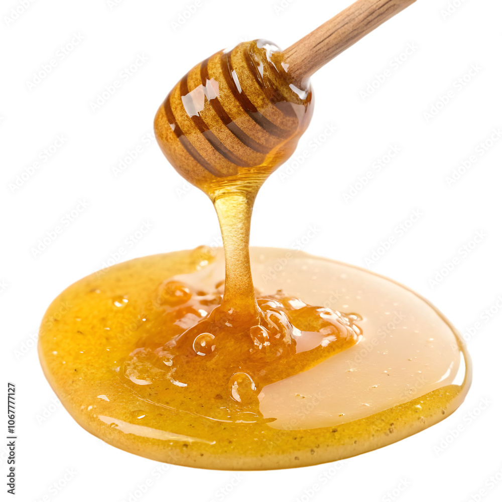 Dripping honey dipper with fresh golden honey on a transparent background, isolated close-up of natural sweet syrup for food and beverage design elements Dripping honey dipper with fresh golden honey on a transparent background, isolated close-up of natural sweet syrup for food and beverage design elements