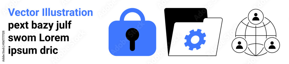 Blue security lock, folder with a gear icon, and global connection network with people icons. Ideal for cybersecurity, data management, collaboration, global networking, cloud storage, IT solutions Blue security lock, folder with a gear icon, and global connection network with people icons. Ideal for cybersecurity, data management, collaboration, global networking, cloud storage, IT solutions