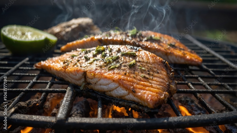 Grilled salmon fillets with herbs and lime on a barbecue, emitting smoke. Grilled salmon fillets with herbs and lime on a barbecue, emitting smoke.