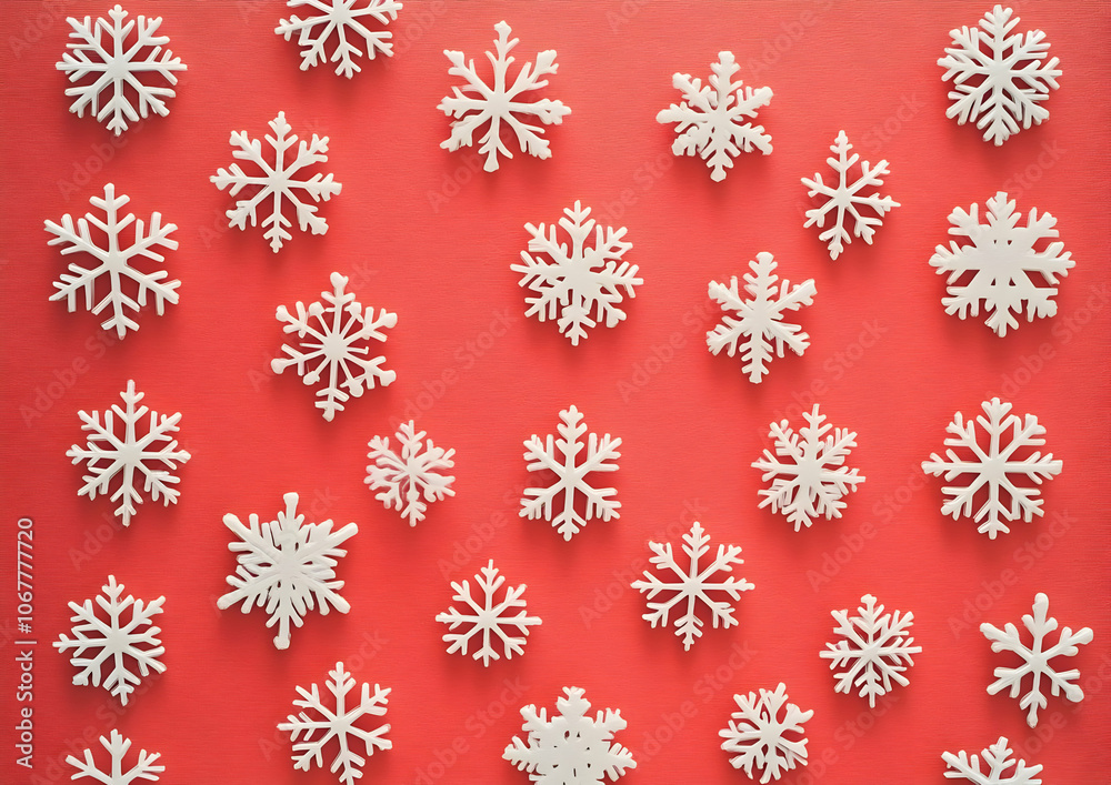 Holiday image background - A collection of white snowflake decorations on a vibrant red background. Holiday image background - A collection of white snowflake decorations on a vibrant red background.