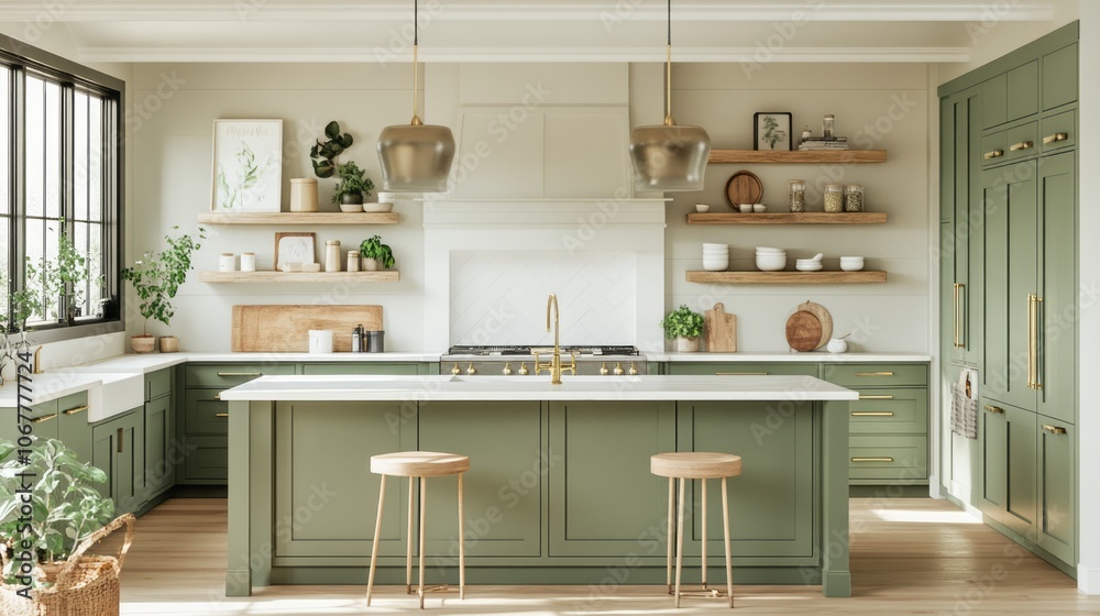 Green Kitchen with White Countertops and Wooden Island with Stools Green Kitchen with White Countertops and Wooden Island with Stools