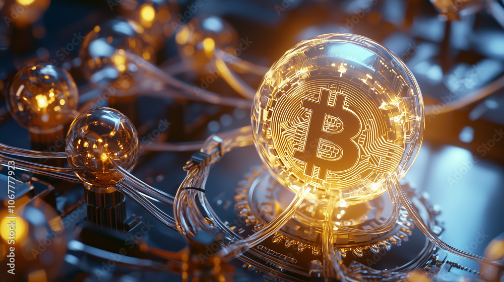 Bitcoin Symbol with Interconnected Nodes and Digital Grid Bitcoin Symbol with Interconnected Nodes and Digital Grid
