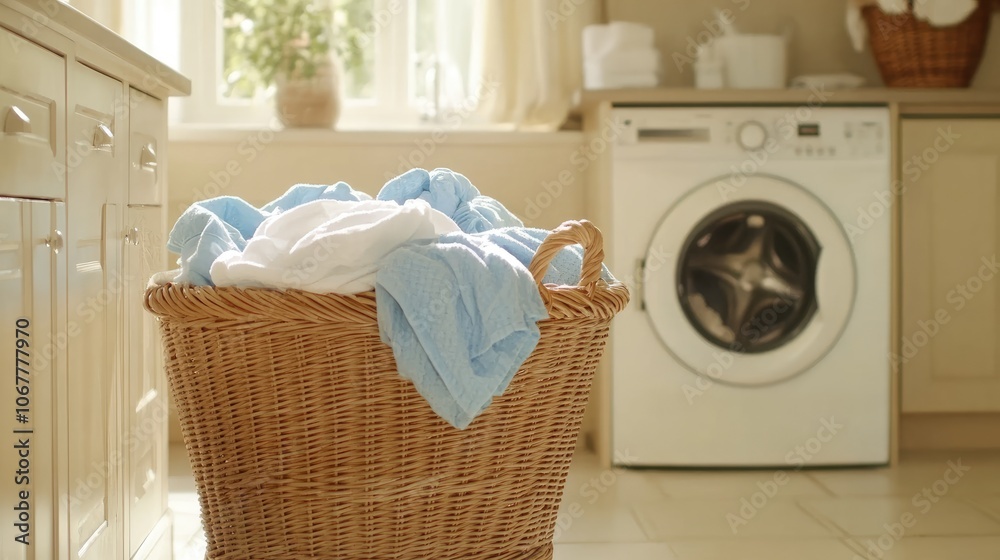 Laundry Basket with Freshly Washed Clothes in Room Laundry Basket with Freshly Washed Clothes in Room