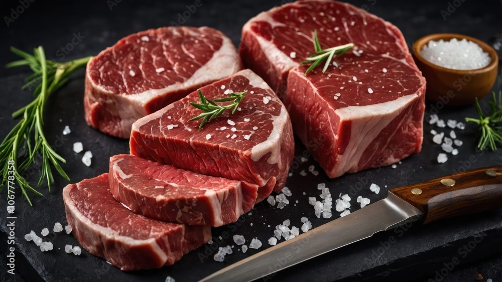 Fresh cuts of beef with herbs and salt on a dark slate surface. Fresh cuts of beef with herbs and salt on a dark slate surface.