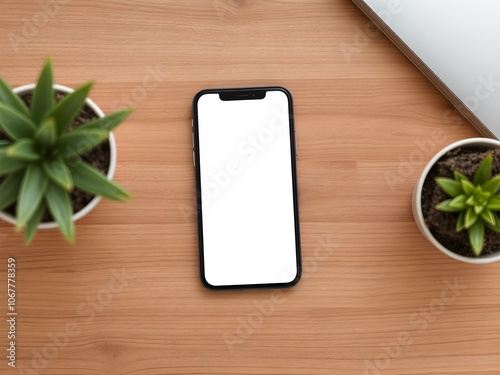 smartphone with blank white screen on a wooden table