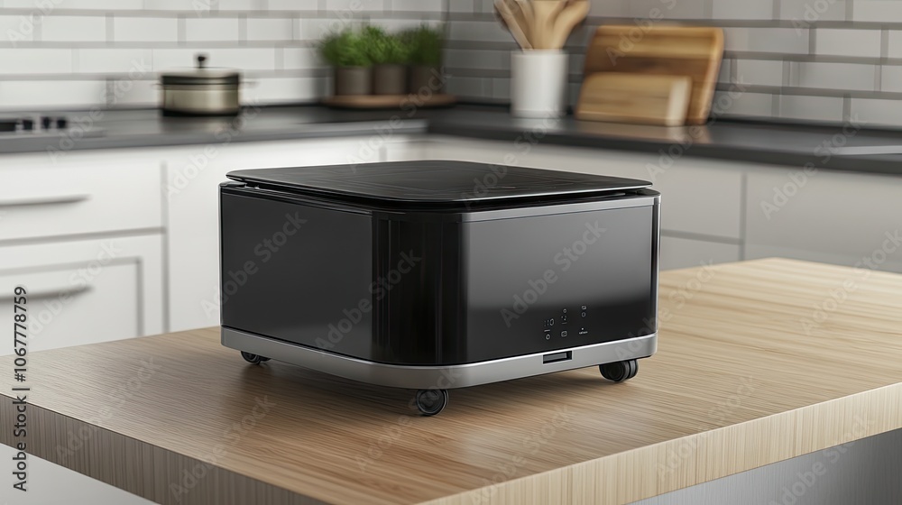Modern Black Kitchen Appliance on Wooden Counter Modern Black Kitchen Appliance on Wooden Counter