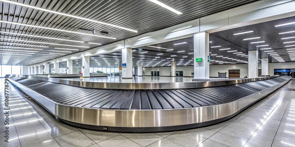 Fototapeta premium Empty conveyor belt at international airport in arrival and baggage claim area , luggage, suitcase, travel