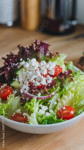 Fresh Green and Red Salad with Cherry Tomatoes and Crumbled Cheese