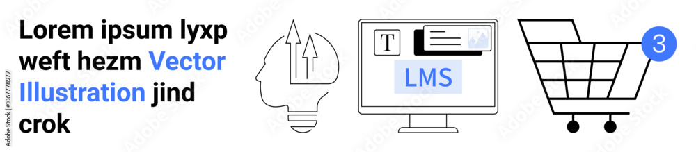 Light bulb with arrows, computer screen displaying LMS content, shopping cart with notification badge. Ideal for education, e-learning, content creation, online courses, innovation, shopping Light bulb with arrows, computer screen displaying LMS content, shopping cart with notification badge. Ideal for education, e-learning, content creation, online courses, innovation, shopping