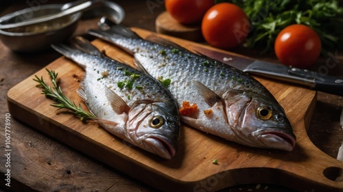 Fresh fish on a wooden cutting board, ready for cooking with tomatoes and herbs.