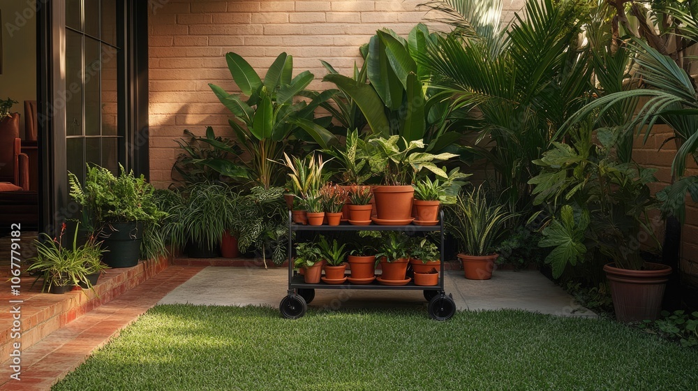 Lush Indoor Garden with Potted Plants on Cart Lush Indoor Garden with Potted Plants on Cart