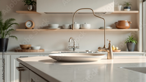 Captivating Image of a Unique Plate with a Stylish Sink Built into Wall Shelves in a Contemporary Kitchen