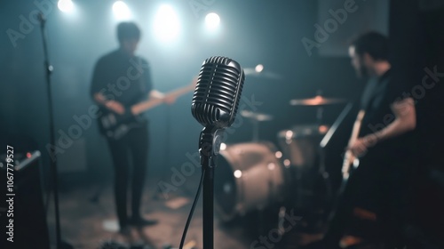 Musicians performing live in a dimly lit venue with vintage microphone photo