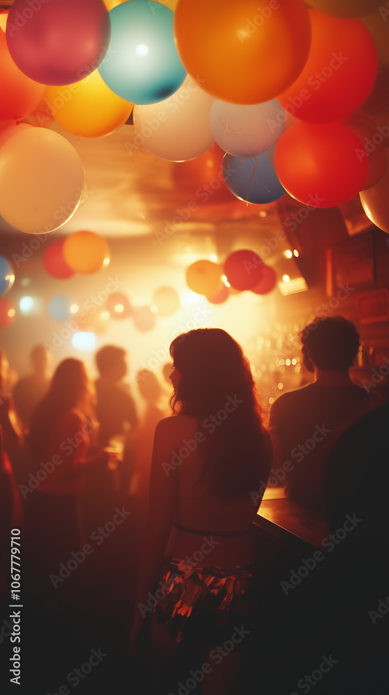 a celebration background at a party with balloons, music, and festive decorations in a nightclub