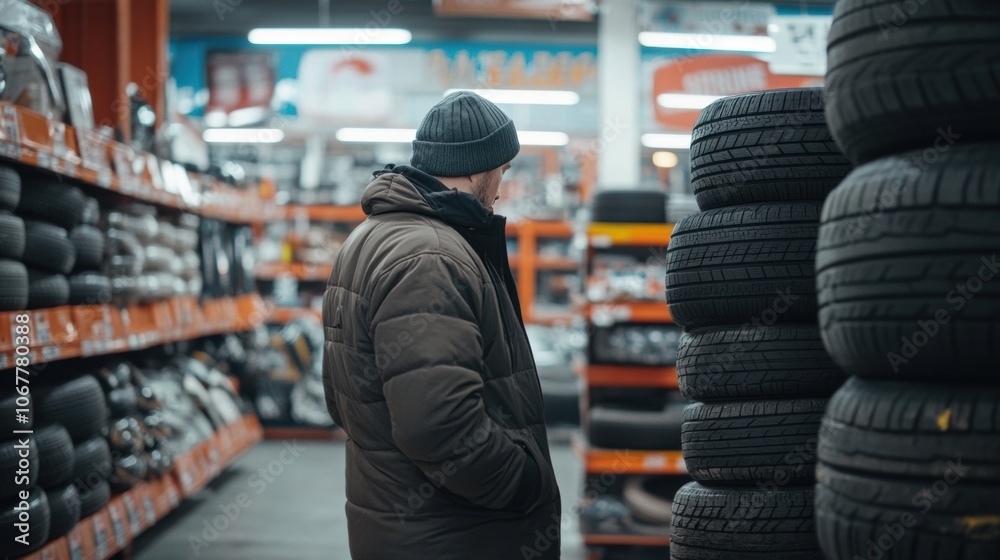 Man browsing tire selection in an automotive store during the day Man browsing tire selection in an automotive store during the day