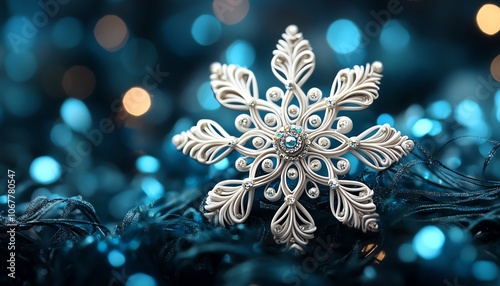 Exquisite snowflake featuring intricate details, set against a vibrant blue bokeh background, perfect for winter season decorations and holiday artwork photo