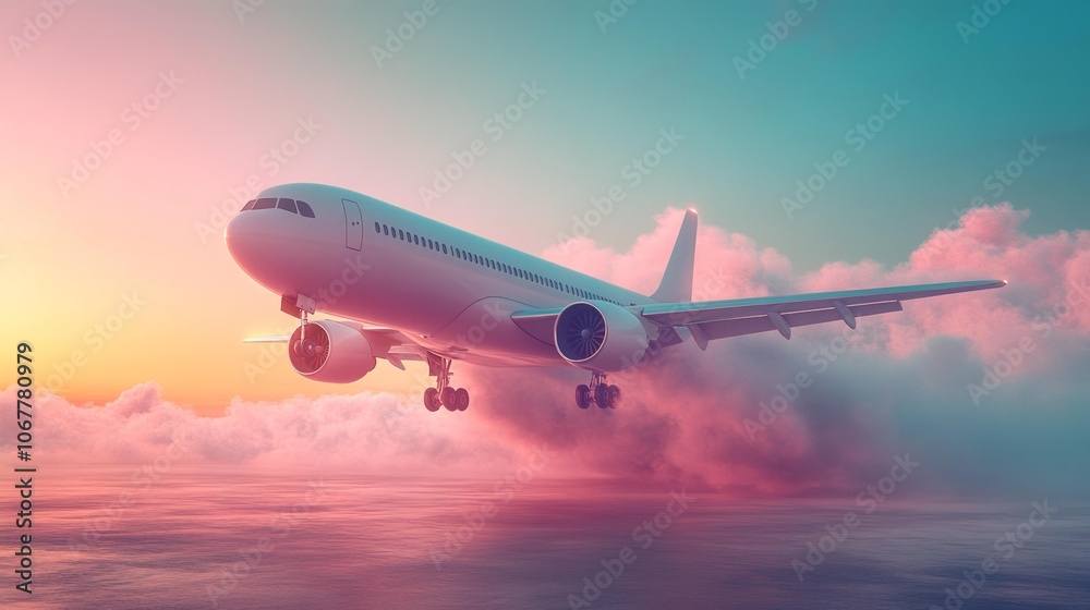 Minimalistic Airplane in Flight with Pastel Sky. Generative AI
