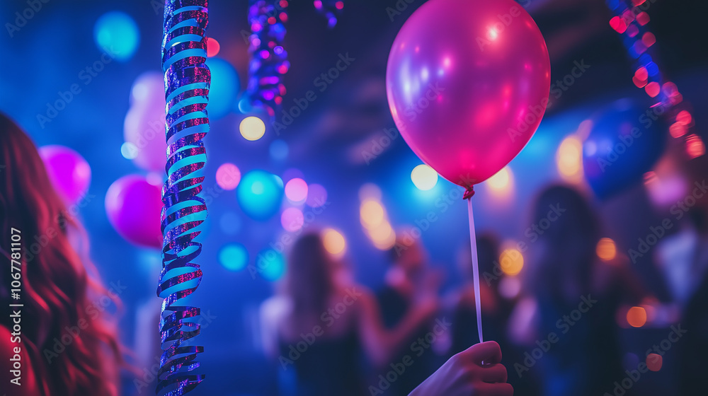 a celebration background at a party with balloons, music, and festive decorations in a nightclub