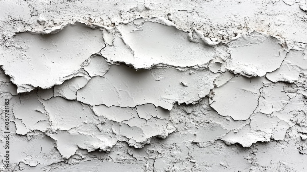 Obraz premium Close-up of a cracked white plaster wall with peeling paint, creating a rough texture. This weathered surface is ideal for use in backgrounds, adding a rustic and aged element to designs.