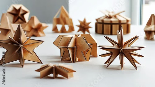 A group of wooden geometric shapes are displayed on a white surface