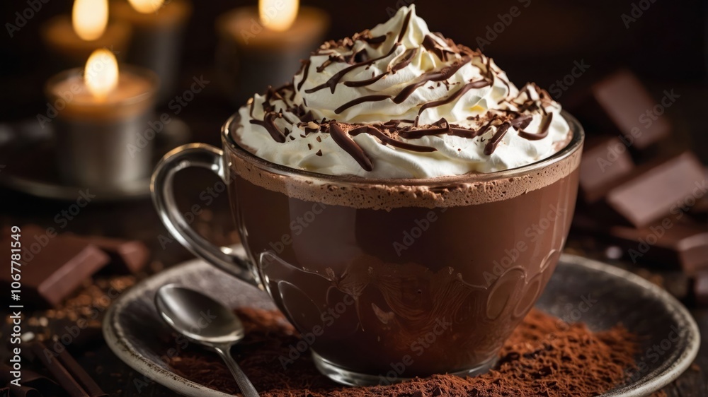 A rich hot chocolate topped with whipped cream and chocolate drizzle, served in a glass cup. A rich hot chocolate topped with whipped cream and chocolate drizzle, served in a glass cup.
