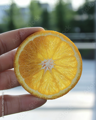 close-up of a hand holding a slice of orang photo