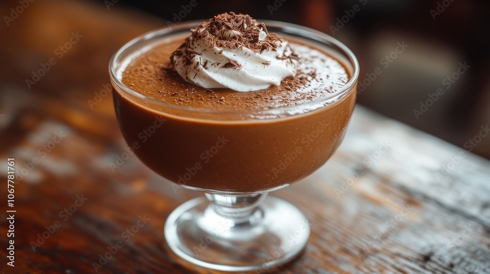 Close-up of a rich chocolate mousse dessert topped with whipped cream and cocoa powder in a glass bowl on a wooden table.