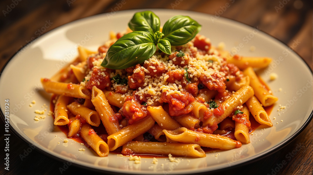 Penne arrabbiata with basil on white plate Penne arrabbiata with basil on white plate