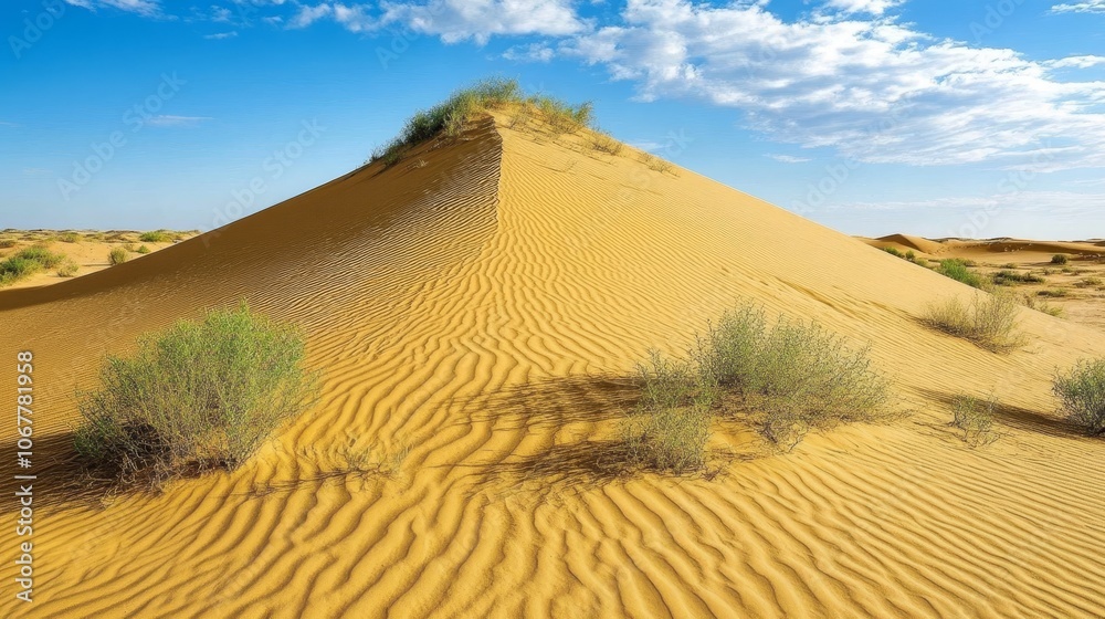Golden Sand Dunes, Desert Landscape With Blue Sky And Clouds, Beautiful Rippled Effect Of Wind Golden Sand Dunes, Desert Landscape With Blue Sky And Clouds, Beautiful Rippled Effect Of Wind
