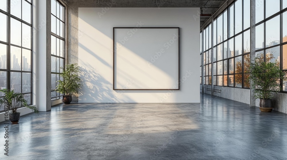 A blank picture frame in a modern gallery with large windows and natural light. A minimalistic setting, perfect for displaying artwork or photography. A blank picture frame in a modern gallery with large windows and natural light. A minimalistic setting, perfect for displaying artwork or photography.