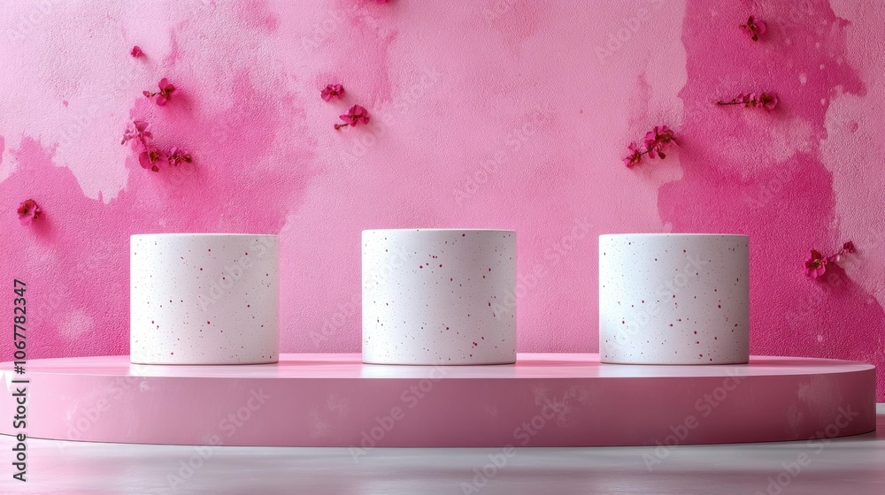 Minimal 3D Cylindrical Podiums in a Pink Room for Product Mockup Displays. Generative AI Minimal 3D Cylindrical Podiums in a Pink Room for Product Mockup Displays. Generative AI