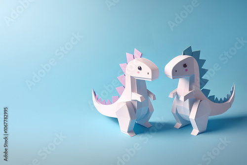 Fototapeta Naklejka Na Ścianę i Meble -  Two paper craft dinosaur figures with pink and blue spines on light blue background. Minimalist design in pastel colors. Origami and toy craft concept. Design for greeting cards, children decor,