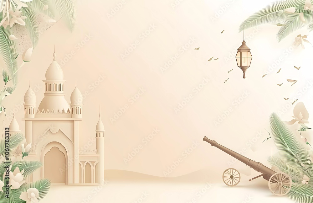 mosque and lantern on the left side, cannon fire on the right side, a simple vector-style illustration of a banner background template for Idul Fitri celebration a beige color theme mosque and lantern on the left side, cannon fire on the right side, a simple vector-style illustration of a banner background template for Idul Fitri celebration a beige color theme